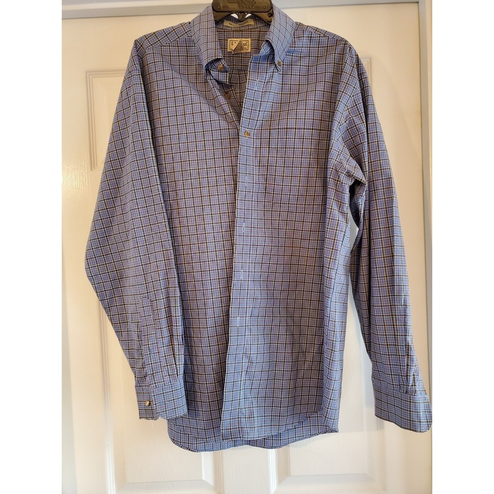 L.L.Bean‎ Men's Checker Blue Plaid Button Down Shirt Medium 218573